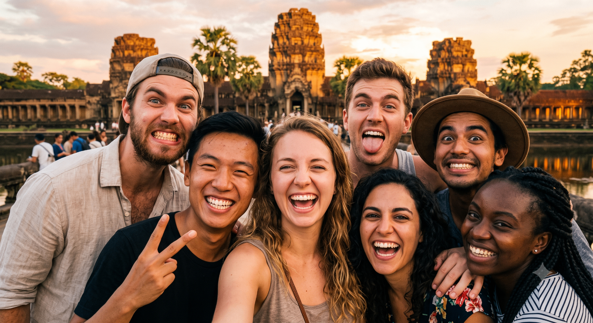 Group of travelers taking a selfie together at Angkor Wat in Cambodia