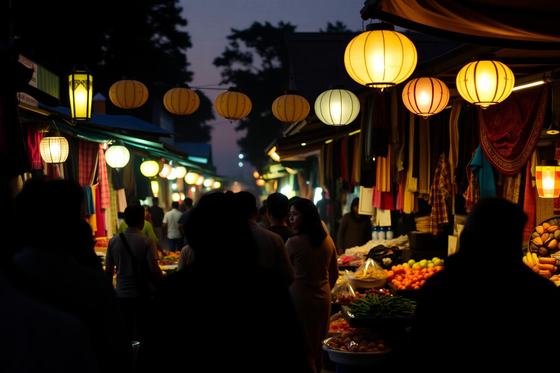 International outdoor market at dusk