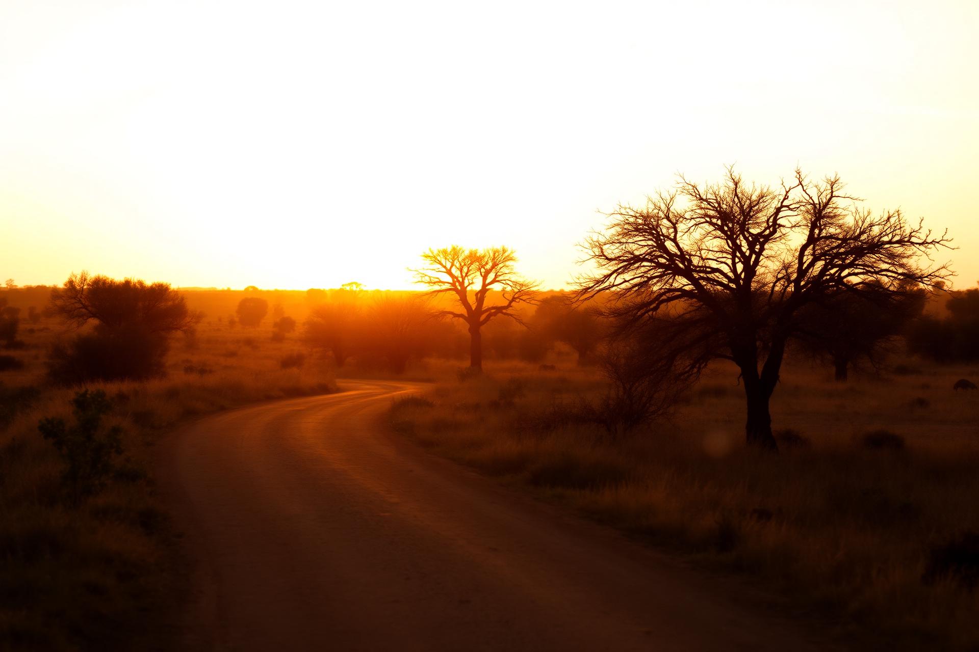 Rural road through savanna at sunrise