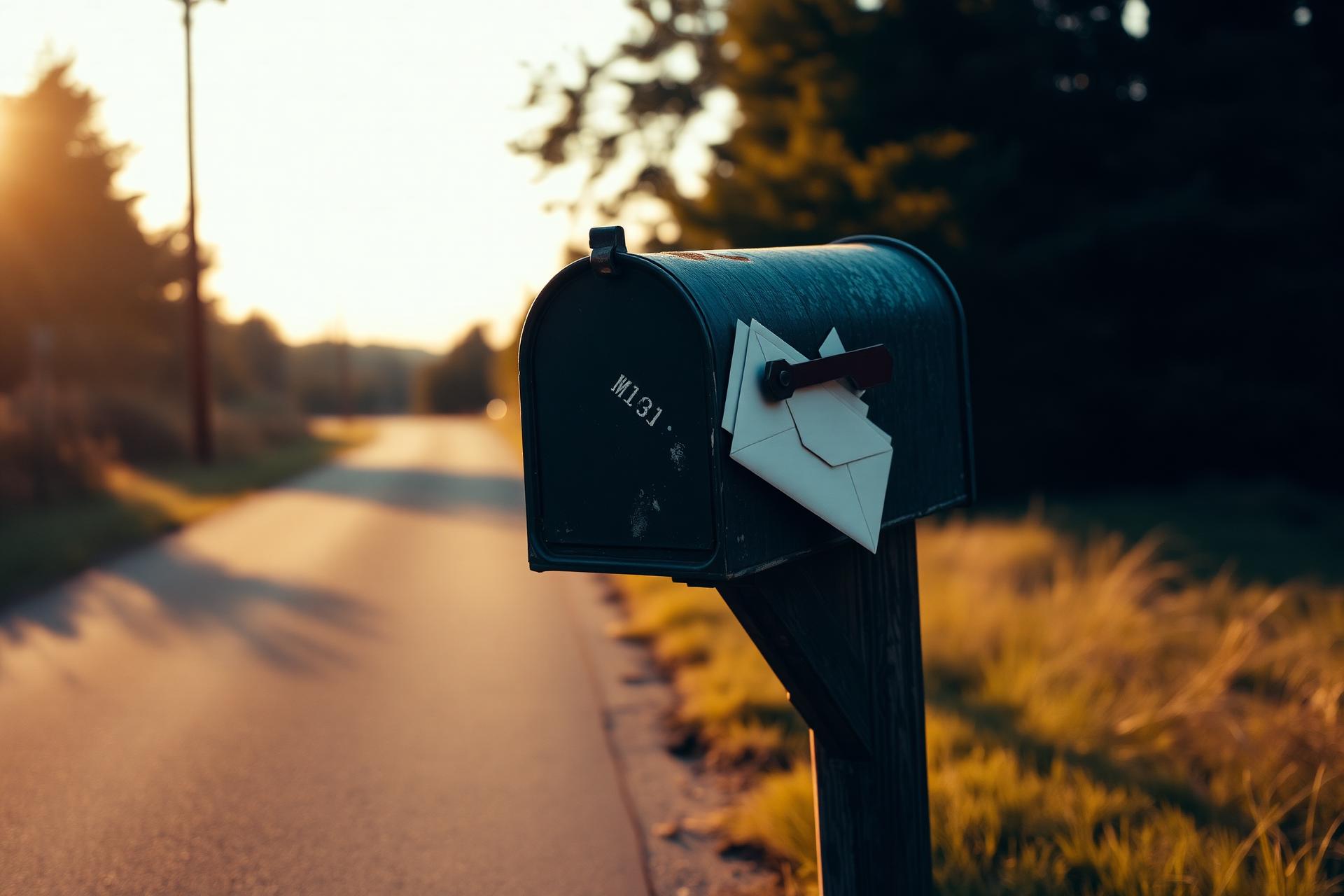 Mailbox on a rural road with envelopes